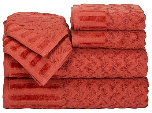 Lavish Home 6-Piece Cotton Deluxe Plush Bath Towel Set – Chevron Patterned Plush Sculpted Spa Luxury Decorative Body, Hand and Face Towels (Brick), 27x54x0.25