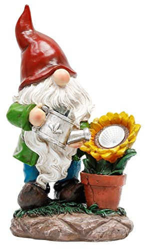 TERESA'S COLLECTIONS Gartendeko für Draußen Lustig Gartenzwerge Zwerge Solar LED Gartenleuchte Gartenfiguren für Außen Gießen Sonnenblume aus Kunstharz Gartenwichtel Geschenke für Frauen