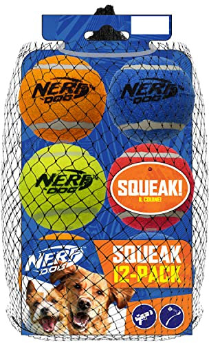 NERF Dog 12-teiliges Hundespielzeug-Geschenk-Set, inklusive 6,3 cm Quietsch-Tennisball, 12er-Pack, Tough Material, Mehrfarbig