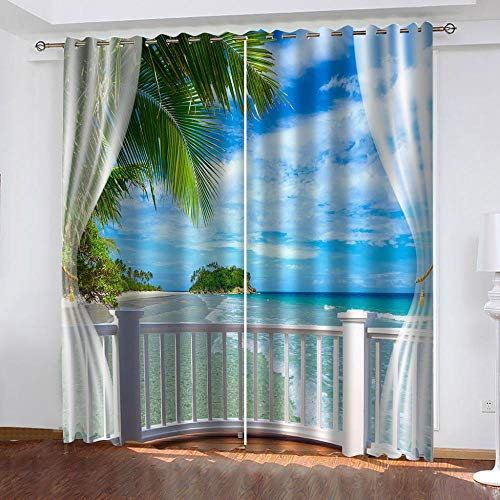 STWSXQ Tenda Oscurante Camera da Letto Bambini Tende Finestre Soggiorno Moderne 2 Pezzi Stampa 3D Balcone con Vista Mare Motivo Tende Oscuranti Termiche Isolanti con Occhielli 140X260Cm