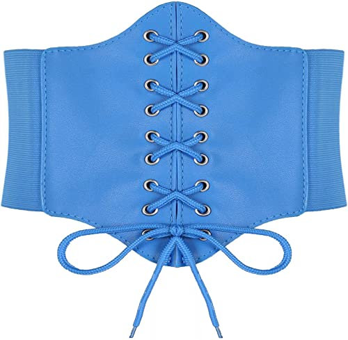 Hoerev Damen Mädchen Elastisch Breites Band Elastisch Gebunden Waspie Korsett Taille Gürtel Bustiers Korsetts,Blau mit Knopf,M