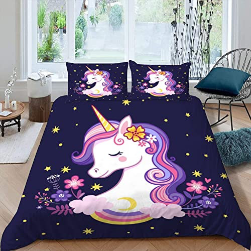 MOUPL Bettwäsche 155x220 3teilig 3D Motiv Kawaii Cartoon Einhorn Bettbezug Set mit Reißverschluss 100% Leicht Mikrofaser Kuschelig Atmungsaktive Sommer Betten Set mit 2 Kissenbezug 80x80 cm