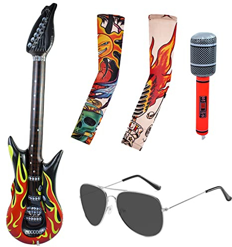 5Pcs Rocker Fancy Dress Accessories 70s 80s 90s Heavy Metal Disco Costume Accessories Tattoo Sleeves Inflatable Guitar and Microphone Punk Gothic Rocker Kit Rockstar Fancy Dress for Adult Men Women