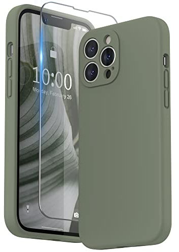 SURPHY Compatible with iPhone 13 Pro Max Case with Screen Protector, Liquid Silicone Protection for Each Lens Shockproof Thickened Rubber Cover for iPhone 13 Pro Max 6.7 inch 2021, Olive Green