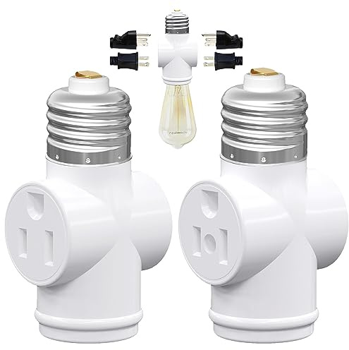 2 Pack, Light Socket to Plug Adapter, Convert E26 Light Socket to 3-Prong Outlet Adapter and Light Bulb Socket (White)