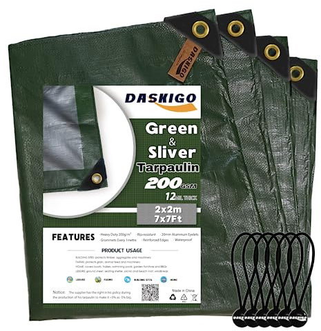 DASKIGO 2 x 2 M Heavy Duty 200GSM Green&Silver Tarpaulin Waterproof Sheet & 6 Pcs Bungee Balls