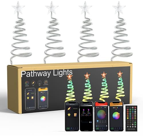 FrogBro 4-in-1-Weihnachts Bäume Lichter Outdoor Deko, Dimmbare Spiral Weihnachten Garten Lichter, IP65 Wasserdicht, Musikmodus & Szenenmodus, APP & Fernbedienung,Yard Deko Licht für Weg Rasen Terrasse