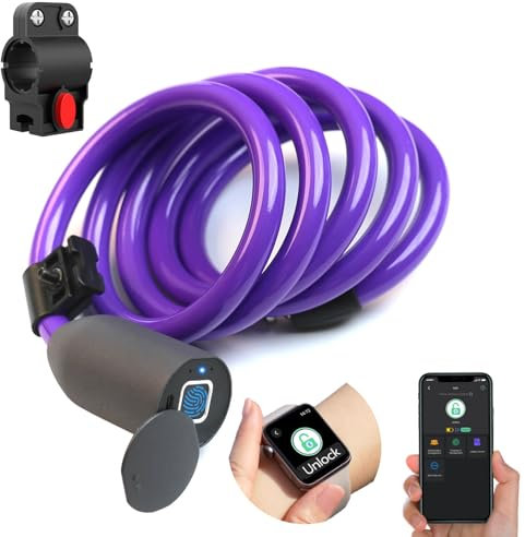 Anweller Fingerprint Smart Bike Lock, Purple, 4.9ft