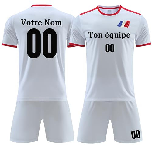 OPUTWDF Maillot Football Personnalisé Nom Numéro Logo de l'équipe Blanc, Taille S, Unisex Enfant, Manche Courte, Polyester, Respirant, Extensible, Absorbant la Transpiration, Personnalisable
