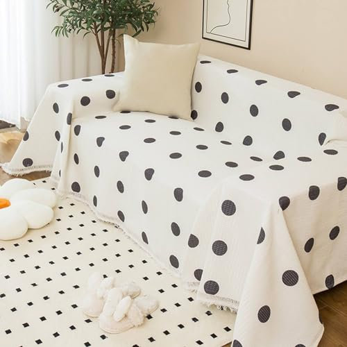 Sofabezug 4 Sitzer Big Sofa, Schwarz Waschbar Sofa Protection Cover Schonbezug Couch mit Rundes Muster mit Fransen aus Polyester Baumwolle, 180x380cm