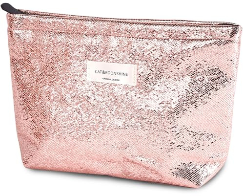 Sminra Trousse de maquillage en toile pour femme - Jolie pochette zippée - Accessoires de voyage, Rose brillant, Large, Mignon, esthétique