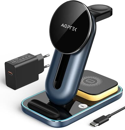 AGPTEK 4 in 1 Wireless Charger, induktive Ladestation, Kabelloses Ladegerät kompatibel mit iPhone/Samsung/Googel Pixel/Huaiwei, unterstützt für iWatch/AirPods/Galaxy Budsa, mit 18W, Schwarblau