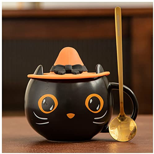 Taza De Café Edición limitada misteriosa copa de gato negro taza de café personalizada de Halloween Regalos for parejas y amigos Taza de agua Tazas De Café Con Leche ( Color : Cat spoon cover , Size :