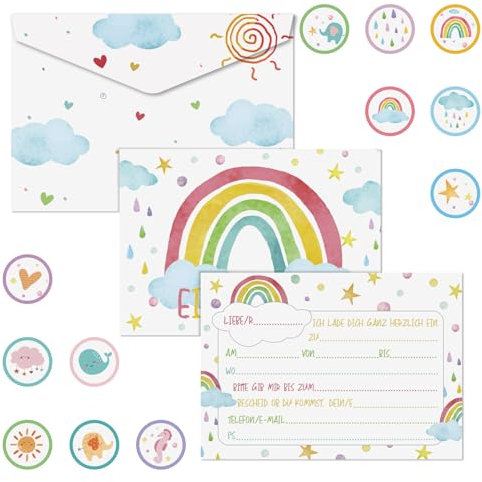 Tikplus Einladungskarten Kindergeburtstag Mädchen Jungen,12 Einladungskarten Geburtstag, Regenbogen Kindergeburtstag Einladungskarte mit Umschlag, Party Einladungskarten für Schulkind, Kinder