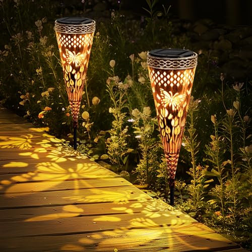 JONRRYIN Solarlampen für Außen Garten, Solar Gartenleuchten für Außen aus Metall, IP65 Wetterfest Solarleuchten, Warmweiß Gartenleuchten Solar für Hof, Garten, Rasen Deko (2)