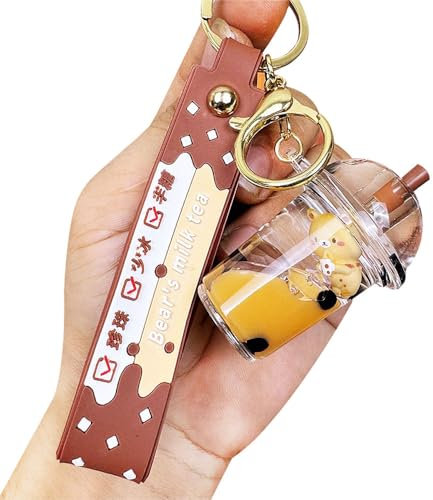 HSYHERE Men Women Creative Interesting Floating Milk Tea Brown Bear Lucky Bottle Keychain Keyrings, Round Cup, S