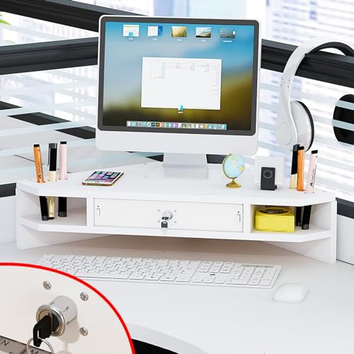 Triangle Monitor Stand Riser with Drawer - Corner Monitor Stand 2 Tier, Desk Organizer Computer Riser Rack, Ergonomic Monitor Elevator, Office Desktop Storage Shelf