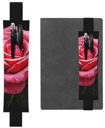 Schwarzer Stifthalter, Lesezeichen, PVC-Leder, verstellbares Gummiband, 21,1–4,6 cm, geeignet für die meisten Notizbücher, Tagebücher, Handbücher, Planer, rosa Rose mit Blättermuster
