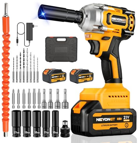NIEYONGT Cordless Electric Impact Wrench Clé à Choc Sur Batterie 1/2 Clé a Choc Sans Fil 8000mAh avec Chargeur Rapide, 21V Visseuse a Choc electrique avec 4 Buses à Choc Clef a Choc Batterie