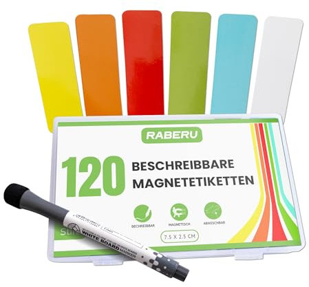 Raberu Magnet Streifen - 120 Stück (6 Farben) - 75x25 mm - Mehrfach Beschreibbare Magnetfolie Selbstklebend für Whiteboard Zubehör, Magnet Tafel – Ideal auch als Kühlschrankmagnete zum Beschriften