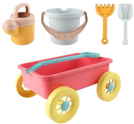 EHJRE Set mit 5 Kinderwagen Spielzeugen, Robustem Und Lustigem Wagen, Strandspielzeug, Sandspielzeug, Wagen für Strand, Garten, Meer, Rot