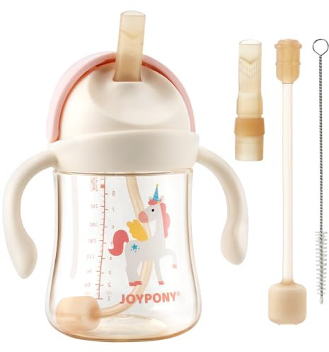 Joypony PPSU Schnabelbecher für Kleinkinder, auslaufsicherer Übergangstasse für Kinder ab 6 Monaten, mit 4-lagigem Schutz, beschwerte Schnabelbecher mit 2 Silikon-Trinkhalmen, BPA-frei, 266 ml