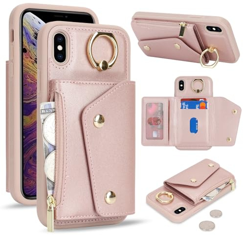 Lipvina für iPhone XS Max Hülle mit Kartenhalter Handyhülle mit Schlüsselanhänger Hülle geldbörse Leder Reißverschluss für Herren und Damen - Roségold