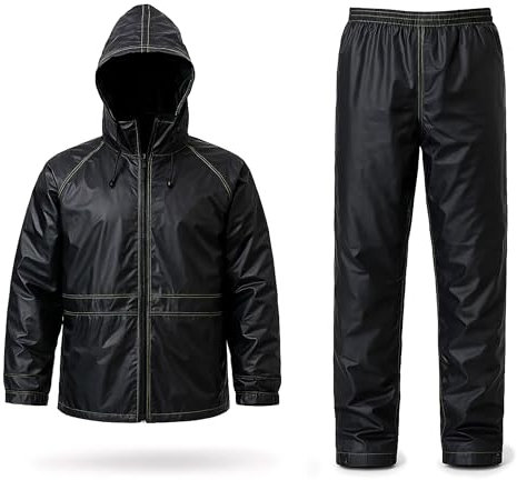 Auto Accessori Lupex Traje de moto impermeable antilluvia y cortavientos, color negro, con bolsa, conjunto de chaqueta y pantalón de lluvia con capucha retráctil, tallas de PVC, unisex para hombre y