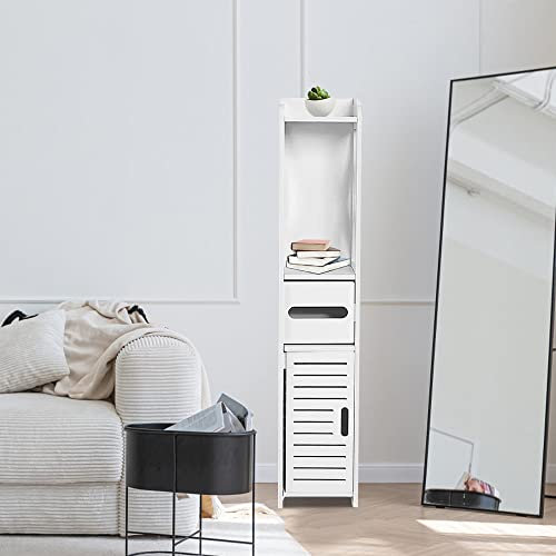 HUOLE Petit Meuble de Rangement pour Toilettes, Support Papier Toilette Armoire Toilettes Porte Brosse WC Meuble de Salle de Bain sur Pied en Bois, Armoire de Salle de Bain (20 * 15 * 80 cm ✩Blanc)
