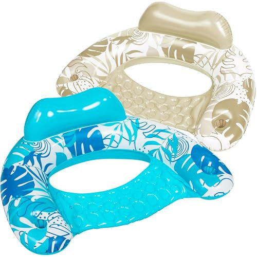 SLOOSH Flotadores Inflables para Adultos, 2 Paquetes de Sillas de Piscina con Portavasos, Silla Flotante Inflable, Hamaca Diseño de Hojas para Fiesta de Natación de Verano en la Playa, Azul, Champán