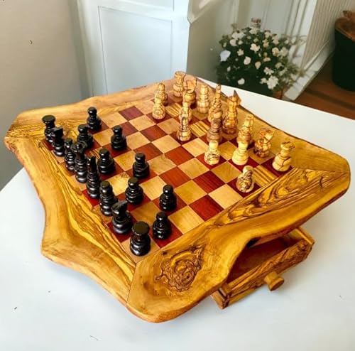 Handcrafted Olive Wood Chess Set with 32 Hand-Carved Pieces | Rustic Chess Board with Storage Drawers | Multiple Sizes | Red/Black | Premium Tabletop Chess Game (45x45cm - Playing area 32x32cm, Red)