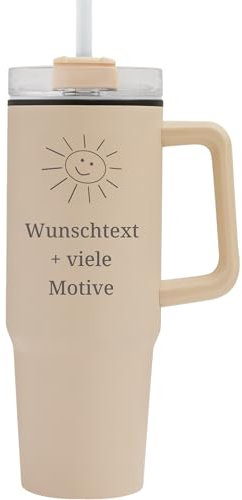 Großer Trinkbecher, XXL Style, mit individueller Gravur, Henkel, Deckel, Strohhalm - Farbe Creme, 900 ml - Henkelbecher als personalisiertes Geschenk zu Weihnachten, Geburtstag, …