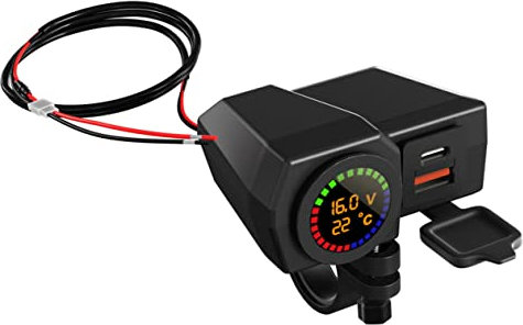 PAMINGONO Lenkerhalterungsladegerät Für Zwei USB-anschlüsse Voltmeter Temperaturanzeige Und 70 cm Langes Kabel Schnelles Aufladen