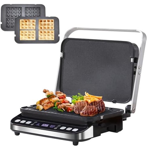 BioloMix Grill Machine Health Grill,3 in 1 Panini Press Waffle Maker with Smart LED Display, 180°Adjustable Design 4 Non Stick Plates (BCG02D-4 non-stick grill plates)
