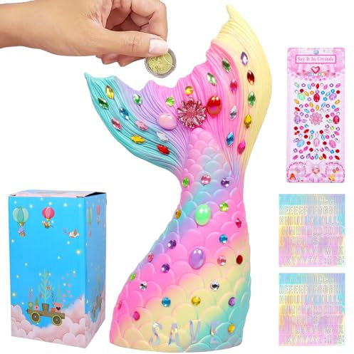 Spardose Mädchen, Meerjungfrau Sparbox, Sparschwein Lustig, Sparbüchse Mädchen mit DIY Aufklebern, Wiederverwendbare Spar Box, Hilft Kindern und Erwachsenen die Gewohnheit zum Sparen zu Entwickeln