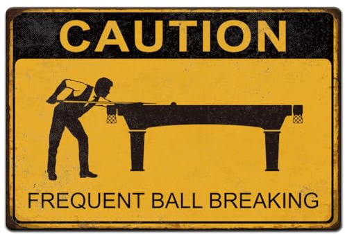 Hobbspring 1 Stück Vintage Metallblechschilder 20x30cm Billard Warnschilder Vorsicht Vor Häufigem Ballbrechen Plakette Poster Lustiges Billardzimmer Dekor Für Männer Billardhalle Spielzimmer Dekor