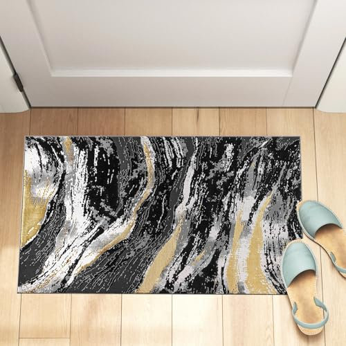 renoazul® Medium Pile Front Door Mat With Jute Backing - Jeze Black Rug - 60 x 110 cm - Washable Door Mat Indoor, Fireside and Corridor Rug