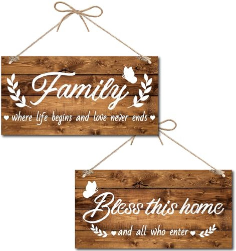 CREATCABIN Panneau Porte « Famille Où la Vie Commence et l'amour Ne Finit Jamais » « Bénissez Cette Maison et Tous Ceux Qui Entrent » avec Ficelle Jute Plaque Bois Rustique Décorations Ferme 30x15cm