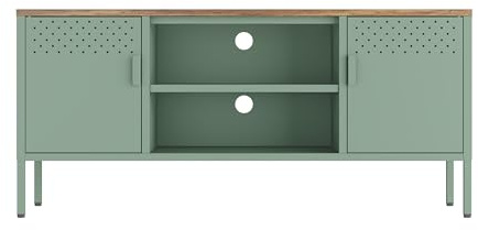 Manhattan Comfort Landen 47 Modern Metal TV Stand with Storage Cabinets & Open Shelves, Holds Up to 40 Screen, TV Console with Natural Wood Top, Cable Management, Adjustable Legs, Green