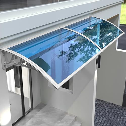 Auvent de porte avant 100 x 70 cm avec support en acier et plastique argenté, panneau bleu, pour patio, loft