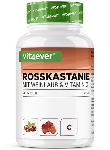 vit4ever Rosskastanienextrakt - 240 Kapseln - 1330 mg pro Tagesportion | Rosskastanie mit Weinlaub & Acerola Vitamin C - Ohne unerwünschte Zusätze - Hochdosiert - Vegan - Laborgeprüft