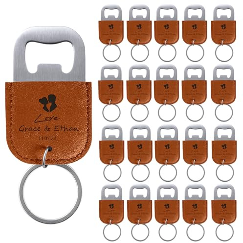 20 Pcs Décapsuleurs Personnalisés pour Cadeaux de Mariage, Ouvre Bouteille en Cuir, Porte-Clés Personnalisé, Logo de Texte Gravé, Orange