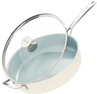 Padella antiaderente con coperchio, padella profonda 5 QT con manico in acciaio inox, 30,5 cm, grande padella in ceramica per una cottura sana, pentole compatibili con induzione, senza PFOA