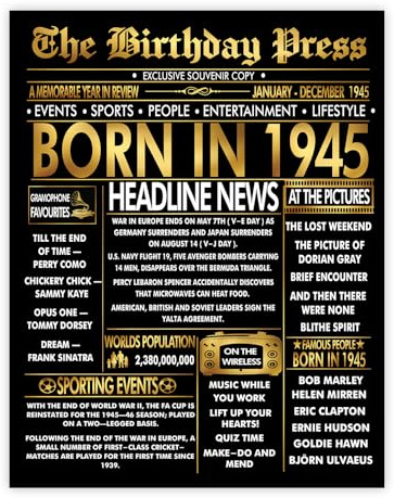 Stuff4 Goldenes Poster zum 80. Geburtstag, ungerahmt – Golden Born in 1945 Zeitung – Happy 80 Birthday für Männer und Frauen, Retro-Vintage-Geschenke zurück im Jahr 1945, 20,3 x 25,4 cm