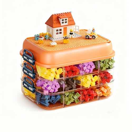 Fesatccoz Storage Organiser for Lego 3-Layer Stackable Storage Box Lego Organiser with Baseplate Lid, Adjustable Compartments for Building Blocks​