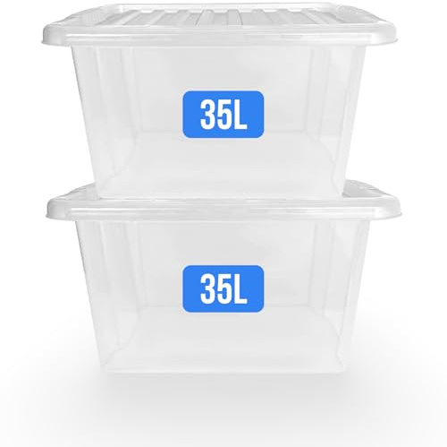 KAPCO Clear boxes with lids 35 Litre (Set of 2) | Transparent Plastic Storage Box for Shoe, Kitchen, Garage, Loft, Moving, Clothes | 35l Strong, Stackable, BPA-Free, Durable Containers | Made in U.K