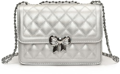 JANSBEN Handtasche Damen Klein - Kleine Umhängetasche Leder Crossbody Bag mit Kettenriemen Gesteppte Mehrere Fächer Tasche Silber