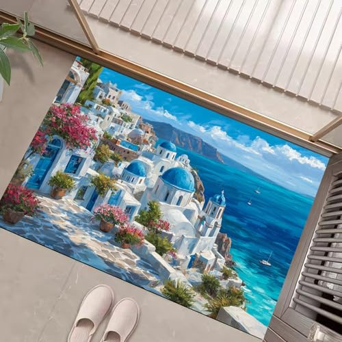 Fußmatte Innen 45 X 75 cm, Haus Ölgemälde rutschfest Fußmatte Waschbar, Saugstarke Eingangsteppich, Mediterraner Stil Dünne Fussmatte, Türmatte Für Eingang, Haustür, Blau