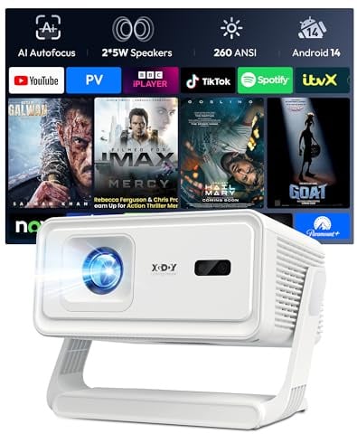 Xgody A1 Vidéoprojecteur Android 14, Mini Portable Décodeur 4K | Autofocus, Évitement Obstacle, Calibration Auto, WiFi 6 Bluetooth 5.4, Rotatif 180°, 260 ANSI, Home Cinéma Intérieur