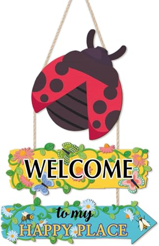 TOARTi Ladybug Welcome Spring Sign Floral Butterfly Door Hanger Welcome to My Happy Place Sign Hello Spring Door Decor for Farmhouse Home Garden Housewarming Gift 11.4x13.9